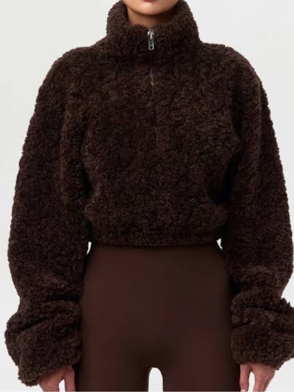 NAKED WARDROBE SHERPA QUATER ZIP CROPPED SWEATER CHOCOLATE BROWN - M